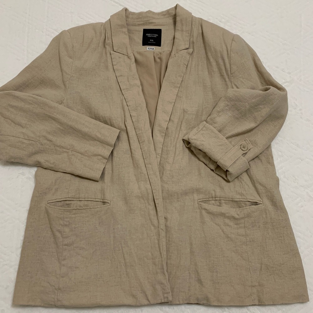 Simply Vera Vera Wang Blazer Womens PXL Tan Linen Blend Roll Tab Sleeve Washable